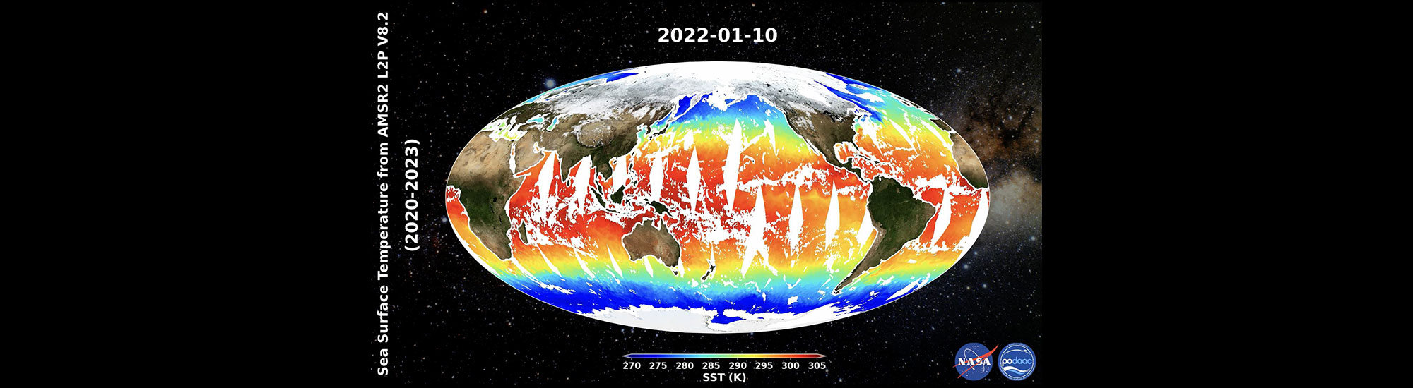 This graphic illustrates information gathered from GHRSST L2P AMSR2 SST v8.2 datasets produced by Remote Sensing Systems