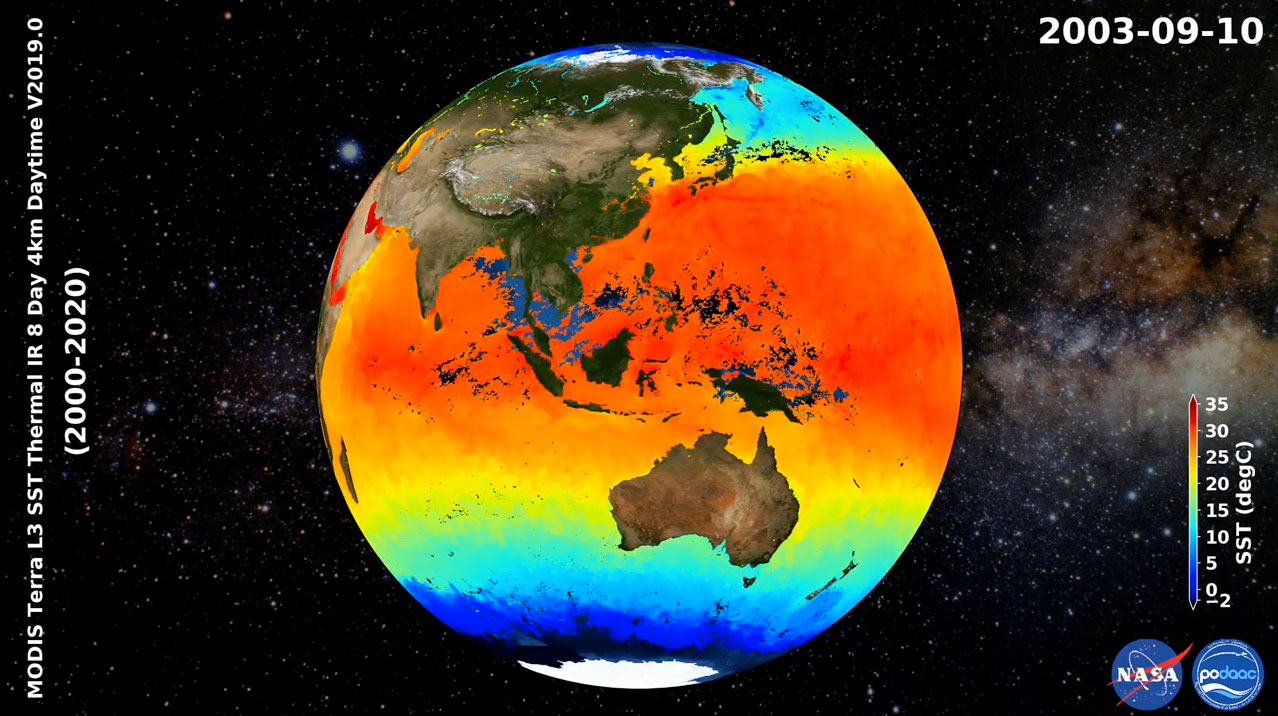 Screenshot from the animation of the NASA MODIS-Terra 8-Day 4km SST from 2000 to 2020.