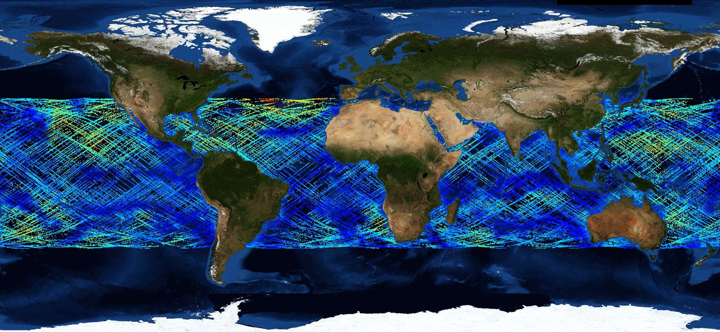 This graphic illustrates information gathered from Ocean Surface Wind Speed from CYGNSS SDR V3.0