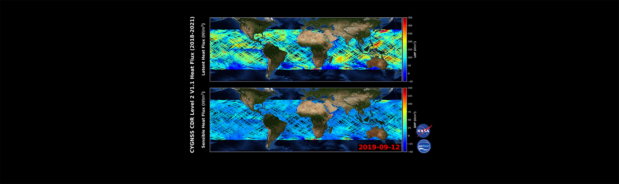 This graphic illustrates information gathered from the CYGNSS Level 2 Ocean Surface Heat Flux CDR Version 1.1 Dataset Release