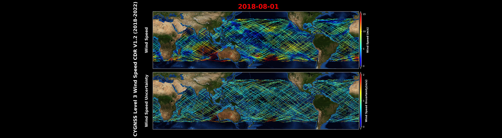 This graphic illustrates information gathered from the CYGNSS Level 3 Climate Data Record Version 1.2 dataset from 2018 to 2022.