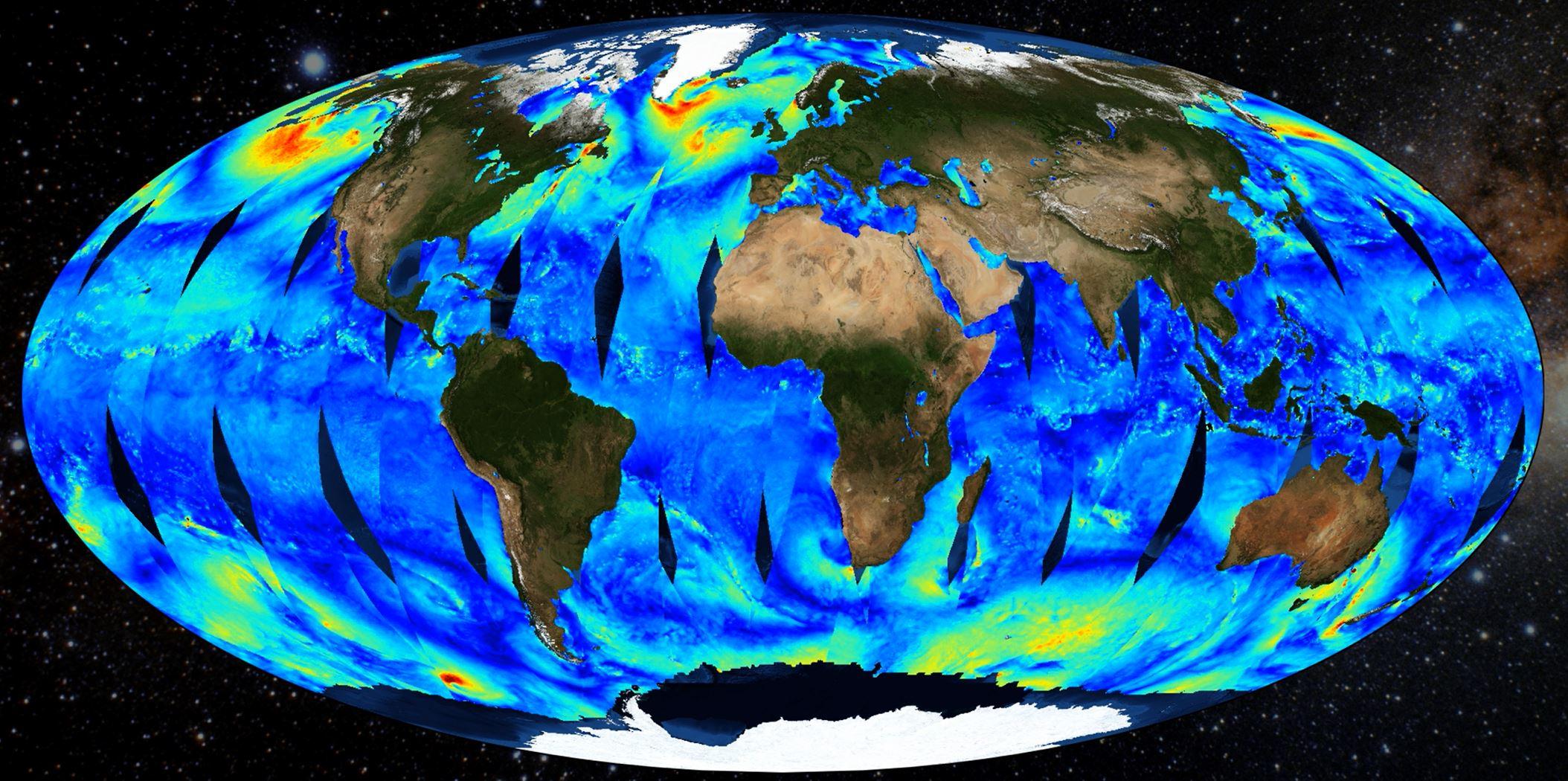 This graphic illustrates wind speed from the QuikSCAT Level 2B Version 4.1 dataset
