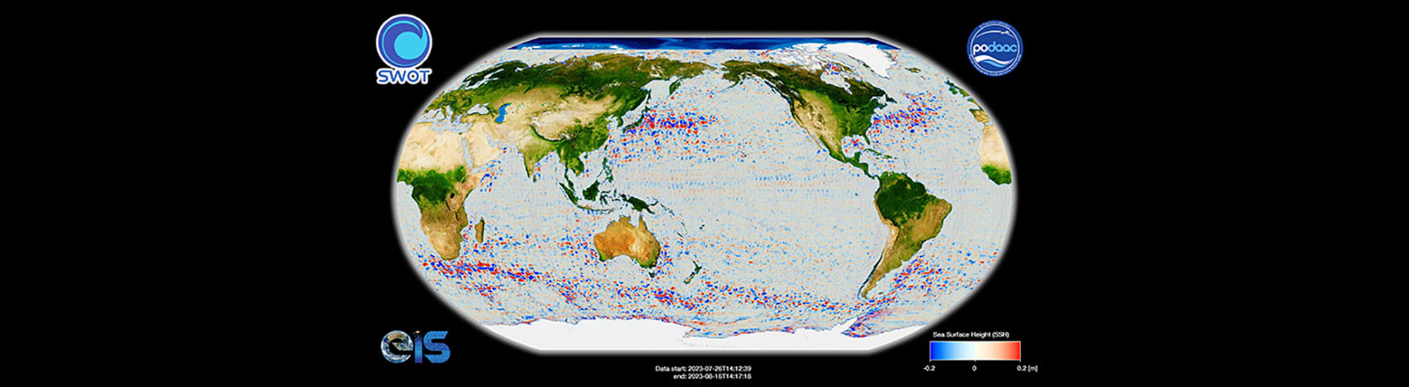 This graphic illustrates the first global image of SSH anomalies acquired by SWOT over its 21-day repeat cycle, between the 26th of July and the 16th of August 2023.