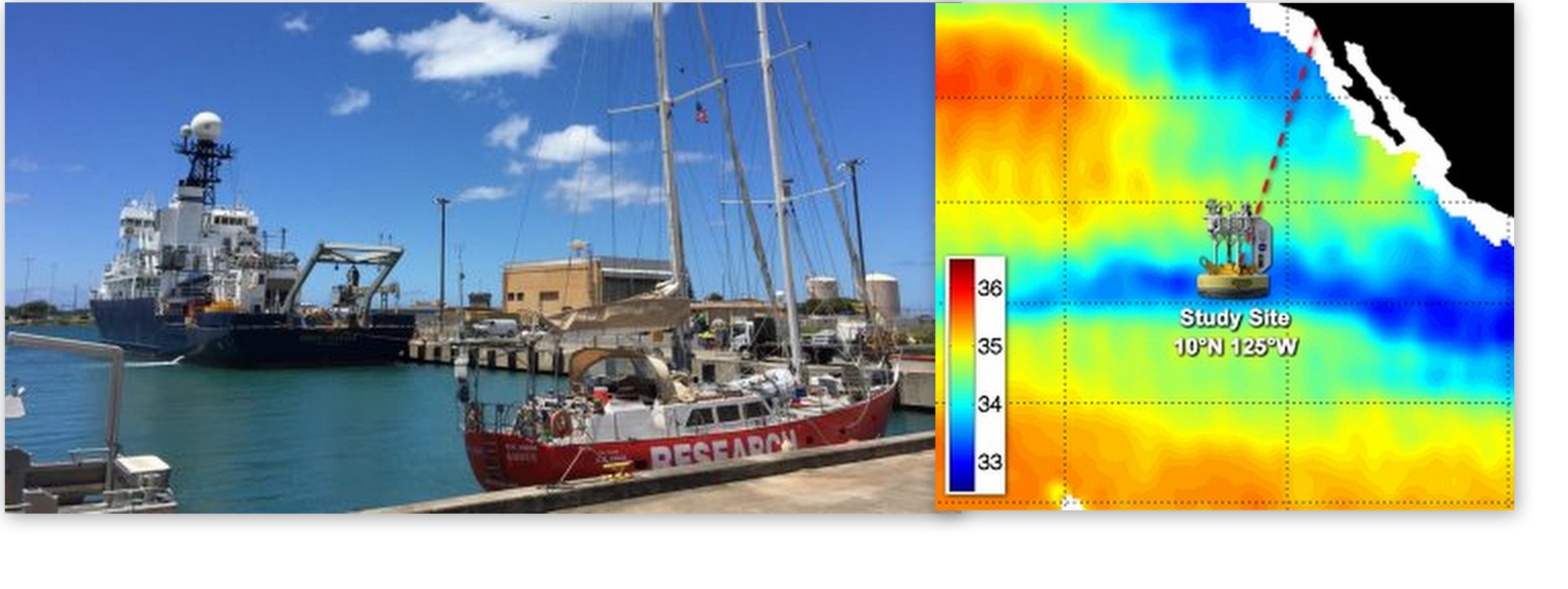 The R/V Revelle and sailing ship Lady Amber in port in Hawaii prior to departure for SPURS2.