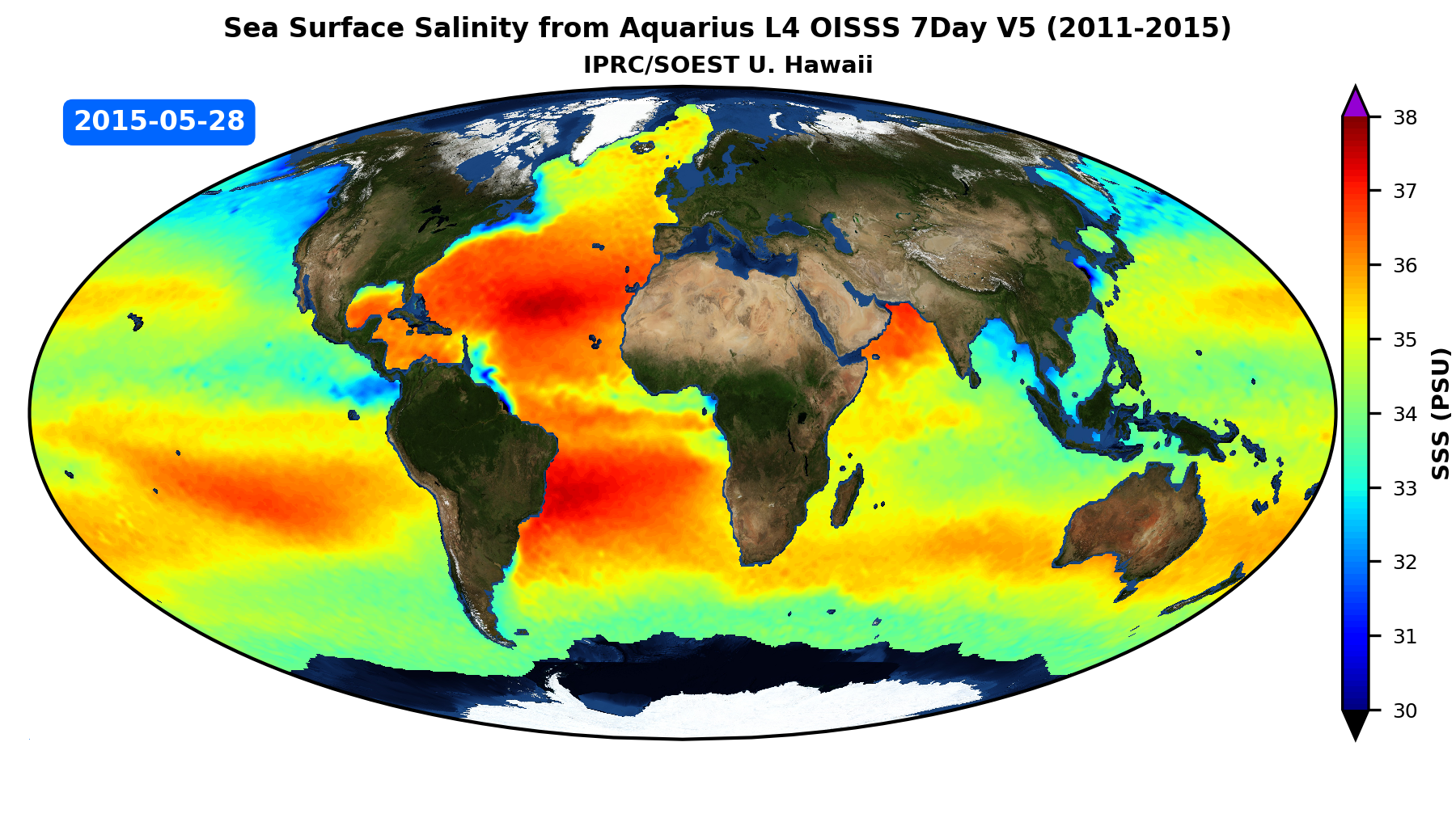 IPRC/SOEST Optimally Interpolated Sea Surface Salinity (OISSS) Aquarius V5.0 Animation IPRC/SOEST Optimally Interpolated Sea Surface Salinity (OISSS) Aquarius V5.0 Animation